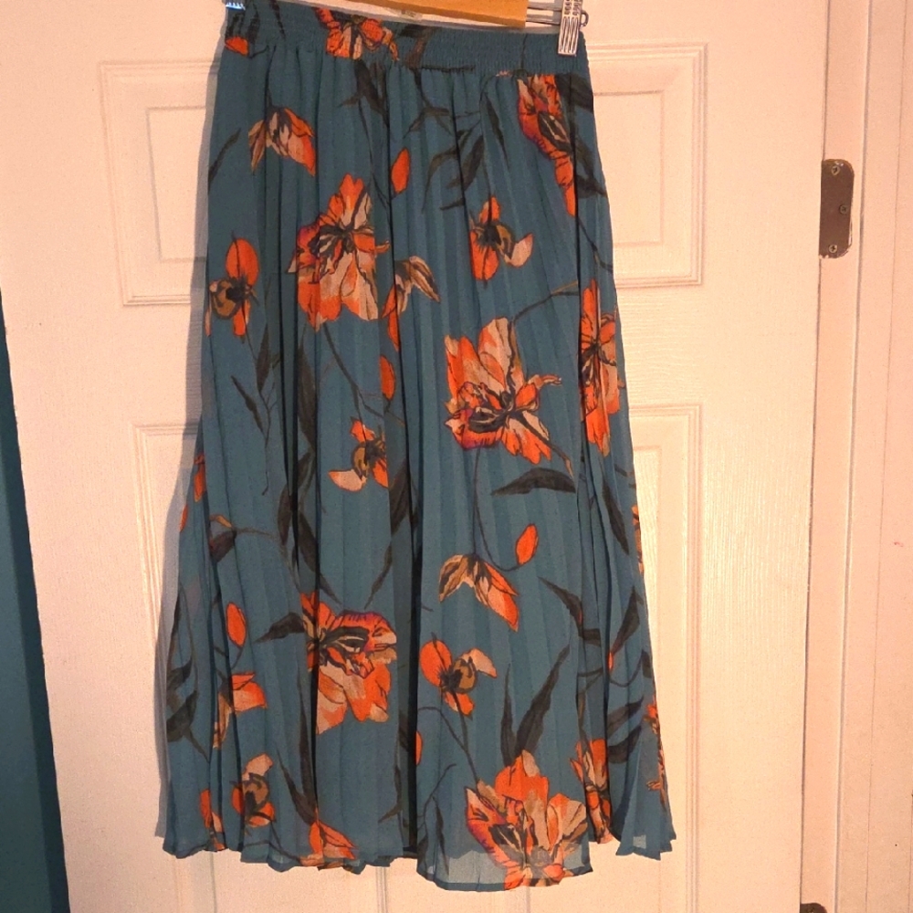 A New Day Teal and Orange Floral Midi Skirt
